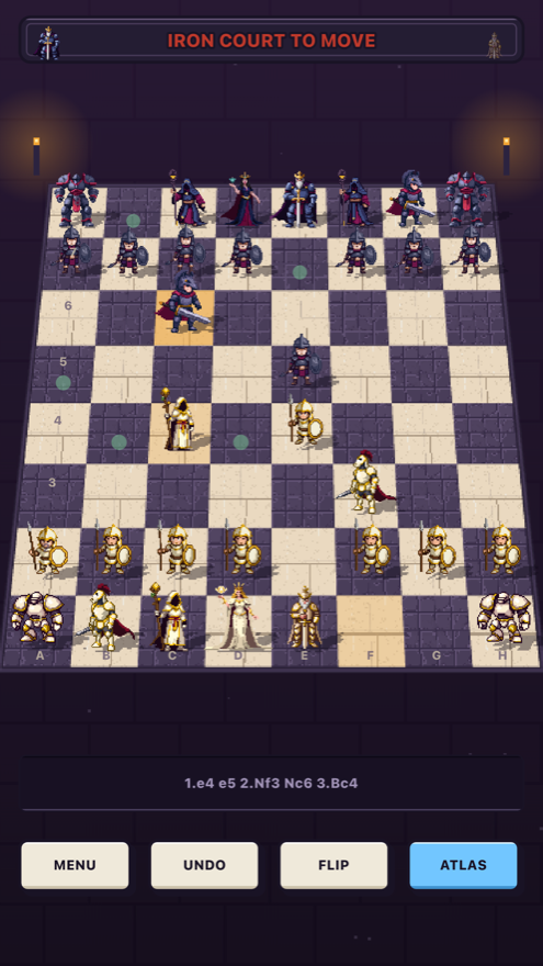 The board with a knight selected and its legal squares lit.