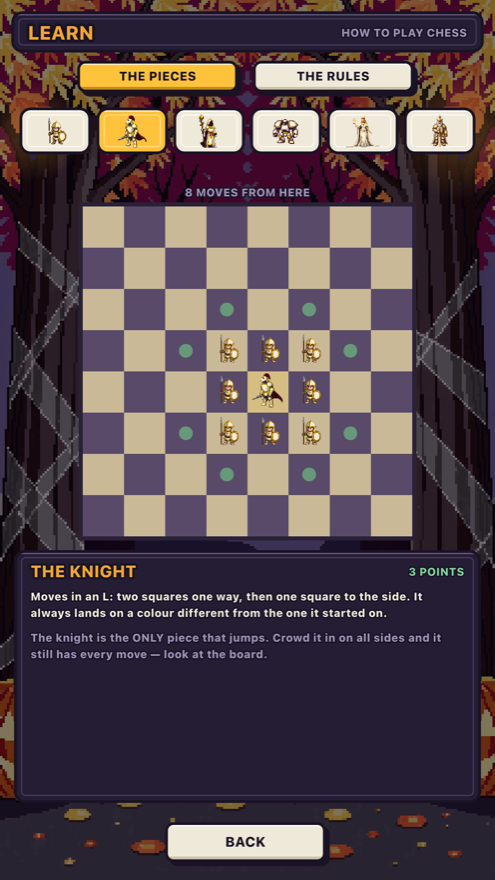 The Learn screen explaining how the knight moves.